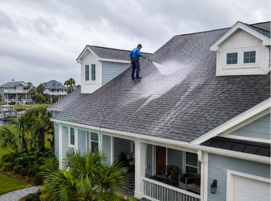 Professional soft washing cleaning black streaks from an asphalt shingle roof on a modern coastal home, humid coastal atmosphere, cloudy daylight, realistic roof shingles, suburban coastal neighborhood